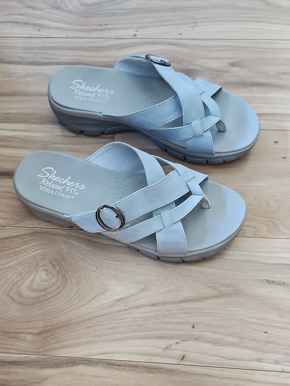 Skechers Light Blue Cross-Strap Slide Sandals with Buckle